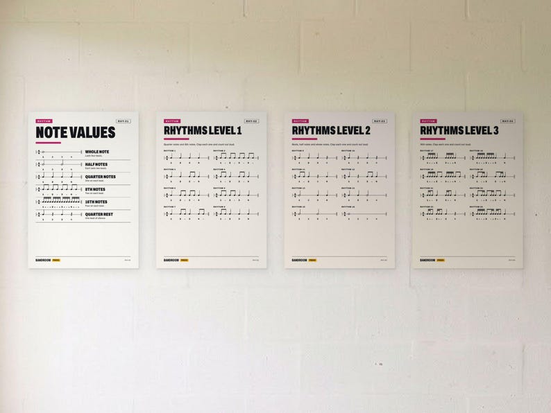 Puede incluir: Cuatro p&oacute;steres educativos blancos con notaci&oacute;n musical y texto en negro. Los t&iacute;tulos son Note Values, Rhythms Level 1, Rhythms Level 2 y Rhythms Level 3. Cada p&oacute;ster muestra patrones r&iacute;tmicos, nombres de notas y conteos para m&uacute;sica.