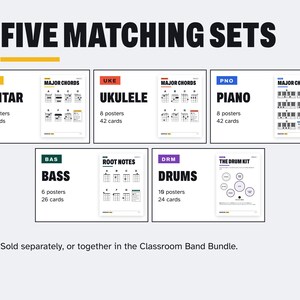 May include: Five matching sets of music educational materials including posters and cards for guitar, ukulele, piano, bass, and drums. Each set features specific chord or note diagrams, labelled with text like GTR, UKE, PNO, BAS, and DRM.