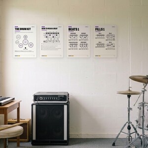 以下が含まれることがあります： 「The Drum Kit」、「How to Read a Beat」、「Beats 1」、「Fills 1」と題された4枚の白い教育用ポスターが白い壁に掲示されています。各ポスターには、ドラムのテクニックやリズムを説明する黒いテキスト、楽譜、図解が記載されています。