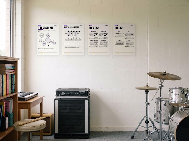 以下が含まれることがあります： 「The Drum Kit」、「How to Read a Beat」、「Beats 1」、「Fills 1」と題された4枚の白い教育用ポスターが白い壁に掲示されています。各ポスターには、ドラムのテクニックやリズムを説明する黒いテキスト、楽譜、図解が記載されています。