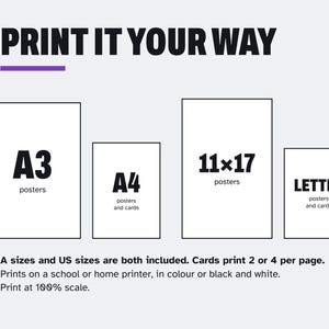 以下が含まれることがあります： PRINT IT YOUR WAYというタイトルのグラフィックチャートには、A3 posters、A4 posters and cards、11x17 posters、LETTER posters and cardsとラベル付けされた4つの長方形の輪郭が表示されています。下のテキストには、AサイズとUSサイズの両方が含まれていると記載されています。カードは1ページあたり2枚または4枚印刷されます。学校や家庭のプリンターで、カラーまたは白黒で印刷してください。100%のスケールで印刷してください。