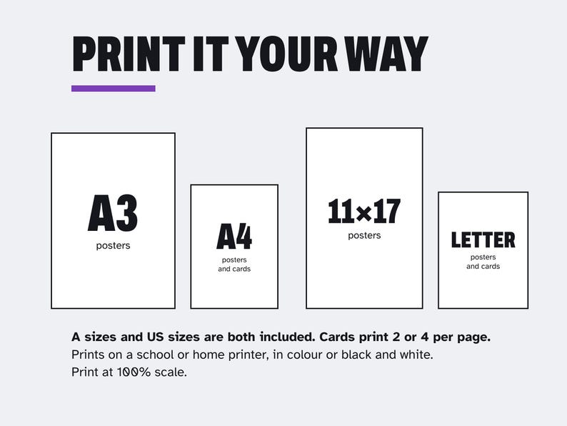 以下が含まれることがあります： PRINT IT YOUR WAYというタイトルのグラフィックチャートには、A3 posters、A4 posters and cards、11x17 posters、LETTER posters and cardsとラベル付けされた4つの長方形の輪郭が表示されています。下のテキストには、AサイズとUSサイズの両方が含まれていると記載されています。カードは1ページあたり2枚または4枚印刷されます。学校や家庭のプリンターで、カラーまたは白黒で印刷してください。100%のスケールで印刷してください。