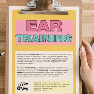 May include: A clipboard holding a document titled EAR TRAINING in pink and teal text. The page includes a paragraph about musical awareness, a list of five ear training goals, the text I CAN & I WILL, and a footer labelled habit tracker - goals - growth mindset.