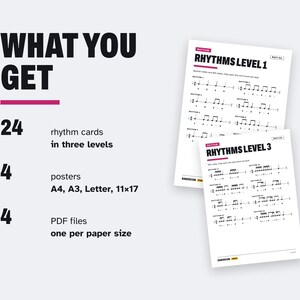 Puede incluir: Una pantalla de producto digital con el texto WHAT YOU GET, 24 tarjetas de ritmo en tres niveles, 4 p&oacute;steres en A4, A3, Letter, 28x43 cm y 4 archivos PDF. Dos hojas blancas muestran notaci&oacute;n musical titulada RHYTHMS LEVEL 1 y LEVEL 3.