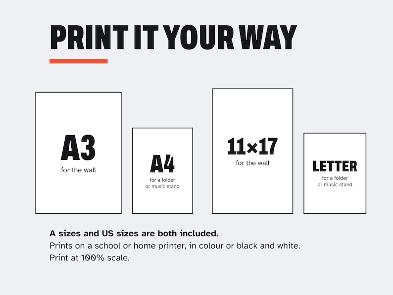 May include: A graphic chart titled PRINT IT YOUR WAY displaying four rectangular paper sizes: A3 for the wall, A4 for a folder or music stand, 11x17 for the wall, and LETTER for a folder or music stand. Text states A sizes and US sizes are both included.