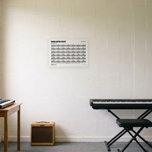 Puede incluir: Un p&oacute;ster rectangular blanco titulado PIANO CHORD CHART que presenta texto negro y diagramas de teclas de piano con notaci&oacute;n musical. El gr&aacute;fico se muestra en una pared lisa sobre un teclado electr&oacute;nico negro en un soporte con banco.