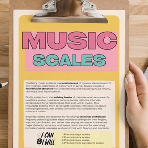 May include: A clipboard holding a document titled MUSIC SCALES in pink and teal text on a yellow background. The document explains the importance of practising scales for musical development, includes a checklist, and lists habit tracker goals.