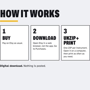 Puede incluir: Un gr&aacute;fico de instrucciones titulado HOW IT WORKS con tres pasos. Paso 1: BUY, pague en Etsy. Paso 2: DOWNLOAD, abra Etsy en un navegador web en Purchases. Paso 3: UNZIP + PRINT, un archivo ZIP por instrumento, &aacute;bralo en una computadora. Descarga digital, no se env&iacute;a nada por correo.