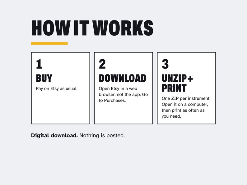 Puede incluir: Un gr&aacute;fico de instrucciones titulado HOW IT WORKS con tres pasos. Paso 1: BUY, pague en Etsy. Paso 2: DOWNLOAD, abra Etsy en un navegador web en Purchases. Paso 3: UNZIP + PRINT, un archivo ZIP por instrumento, &aacute;bralo en una computadora. Descarga digital, no se env&iacute;a nada por correo.