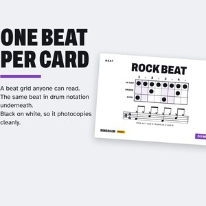 以下が含まれることがあります： ROCK BEATと書かれた白いインストラクションカード。ハイハット、スネア、キックドラムのインジケーター付きの黒いドラム譜グリッド、標準的な五線譜、そして紫色のアクセントでBANDROOM PRESSとDRMの文字が印刷されています。