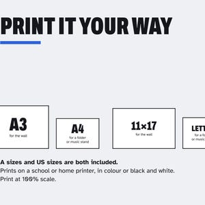 Puede incluir: Un gr&aacute;fico blanco con el texto PRINT IT YOUR WAY y una l&iacute;nea azul. Cuatro recuadros rectangulares muestran tama&ntilde;os de papel: A3 para la pared, A4 para carpeta o atril, 11x17 para la pared y LETTER para carpeta o atril. El texto indica que se incluyen tama&ntilde;os A y US, imprimibles en impresoras escolares o dom&eacute;sticas, en color o blanco y negro, a escala del 100%.