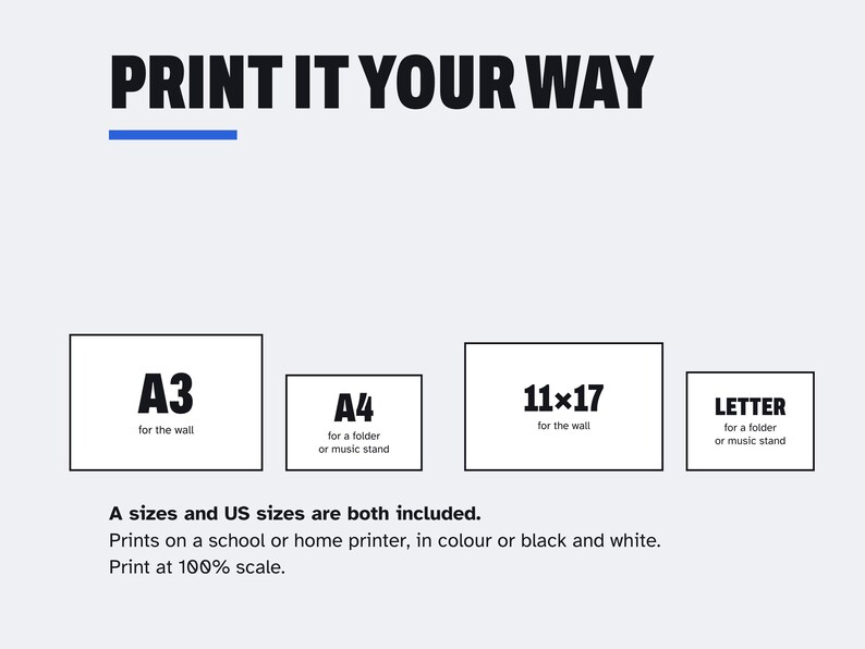 Puede incluir: Un gr&aacute;fico blanco con el texto PRINT IT YOUR WAY y una l&iacute;nea azul. Cuatro recuadros rectangulares muestran tama&ntilde;os de papel: A3 para la pared, A4 para carpeta o atril, 11x17 para la pared y LETTER para carpeta o atril. El texto indica que se incluyen tama&ntilde;os A y US, imprimibles en impresoras escolares o dom&eacute;sticas, en color o blanco y negro, a escala del 100%.