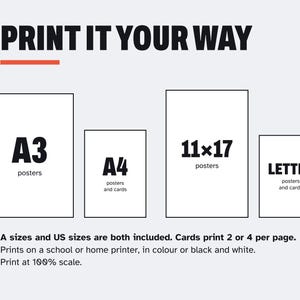 K&ouml;nnte beinhalten: Eine Grafik mit der &Uuml;berschrift PRINT IT YOUR WAY zeigt vier rechteckige Umrisse mit der Beschriftung A3 posters, A4 posters and cards, 11x17 posters und LETTER posters and cards. Der Text weist darauf hin, dass A- und US-Formate enthalten sind, Karten 2 oder 4 pro Seite gedruckt werden, auf einem Schul- oder Heimdrucker in Farbe oder Schwarzwei&szlig; gedruckt werden kann und im Ma&szlig;stab 100% gedruckt werden soll.
