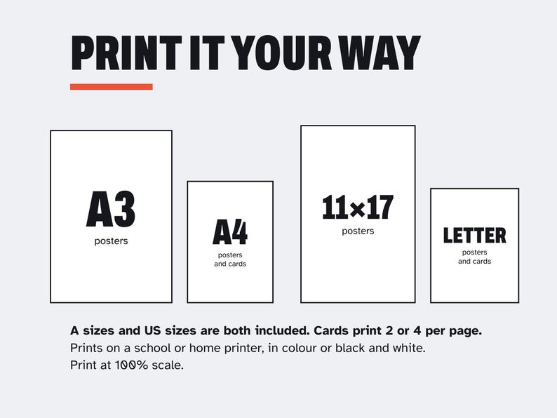 K&ouml;nnte beinhalten: Eine Grafik mit der &Uuml;berschrift PRINT IT YOUR WAY zeigt vier rechteckige Umrisse mit der Beschriftung A3 posters, A4 posters and cards, 11x17 posters und LETTER posters and cards. Der Text weist darauf hin, dass A- und US-Formate enthalten sind, Karten 2 oder 4 pro Seite gedruckt werden, auf einem Schul- oder Heimdrucker in Farbe oder Schwarzwei&szlig; gedruckt werden kann und im Ma&szlig;stab 100% gedruckt werden soll.