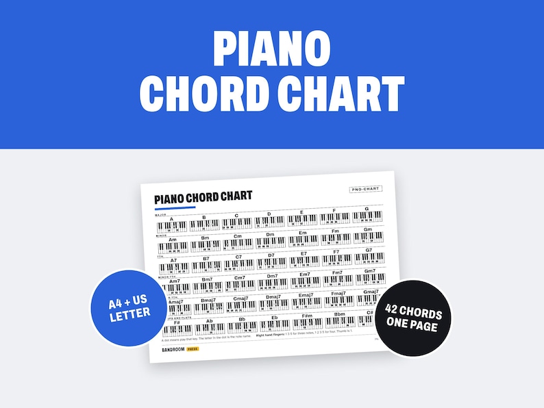 Puede incluir: Una tabla de acordes de piano blanca con diagramas de teclado en blanco y negro para 42 acordes. El documento incluye el texto PIANO CHORD CHART, A4 + US LETTER y 42 CHORDS ONE PAGE. El dise&ntilde;o muestra acordes mayores, menores, 7 y menores 7.