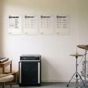 Puede incluir: Cuatro p&oacute;steres educativos blancos titulados Note Values, Rhythms Level 1, Rhythms Level 2 y Rhythms Level 3 est&aacute;n expuestos en una pared blanca. Cada p&oacute;ster presenta notaci&oacute;n musical negra, patrones r&iacute;tmicos y peque&ntilde;os acentos de color.