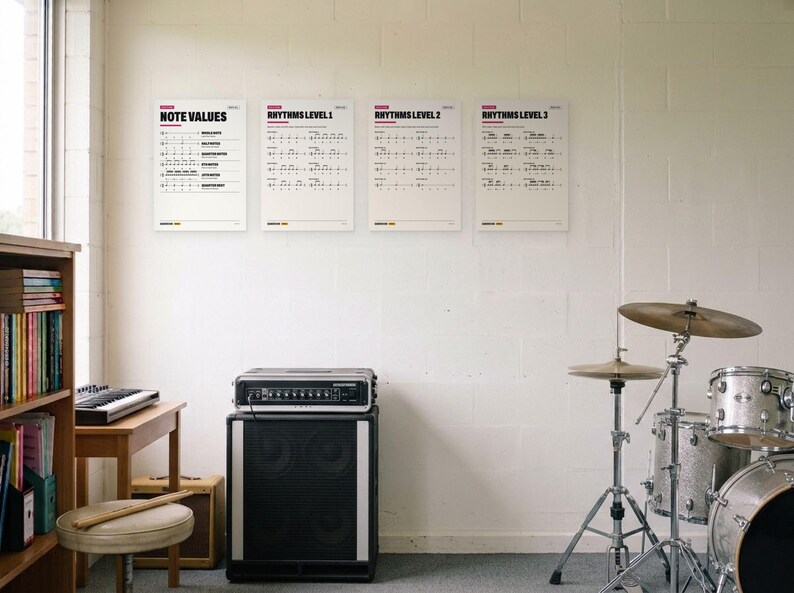 Puede incluir: Cuatro p&oacute;steres educativos blancos titulados Note Values, Rhythms Level 1, Rhythms Level 2 y Rhythms Level 3 est&aacute;n expuestos en una pared blanca. Cada p&oacute;ster presenta notaci&oacute;n musical negra, patrones r&iacute;tmicos y peque&ntilde;os acentos de color.