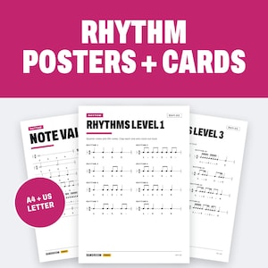 Puede incluir: Tres p&oacute;steres educativos blancos con notaci&oacute;n musical negra, ejercicios de ritmo y texto que incluye RHYTHM POSTERS + CARDS, NOTE VALUES, RHYTHMS LEVEL 1 y RHYTHMS LEVEL 3. Un c&iacute;rculo rosa muestra el texto A4 + US LETTER en blanco.