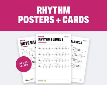 Cartões de Ritmo e Pôsteres para Imprimir: Aula de Música, Três Níveis, PDF nos Formatos A4 e Carta (EUA)