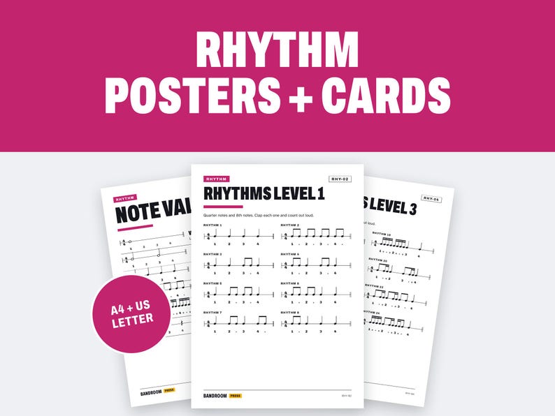 Puede incluir: Tres p&oacute;steres educativos blancos con notaci&oacute;n musical negra, ejercicios de ritmo y texto que incluye RHYTHM POSTERS + CARDS, NOTE VALUES, RHYTHMS LEVEL 1 y RHYTHMS LEVEL 3. Un c&iacute;rculo rosa muestra el texto A4 + US LETTER en blanco.
