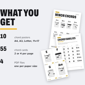 Puede incluir: Un conjunto de descarga digital con p&oacute;steres y tarjetas de acordes de guitarra. El texto dice WHAT YOU GET, 10 chord posters, 55 chord cards, 4 PDF files. Los documentos muestran MINOR CHORDS, CHORD FAMILIES y diagramas de acordes.