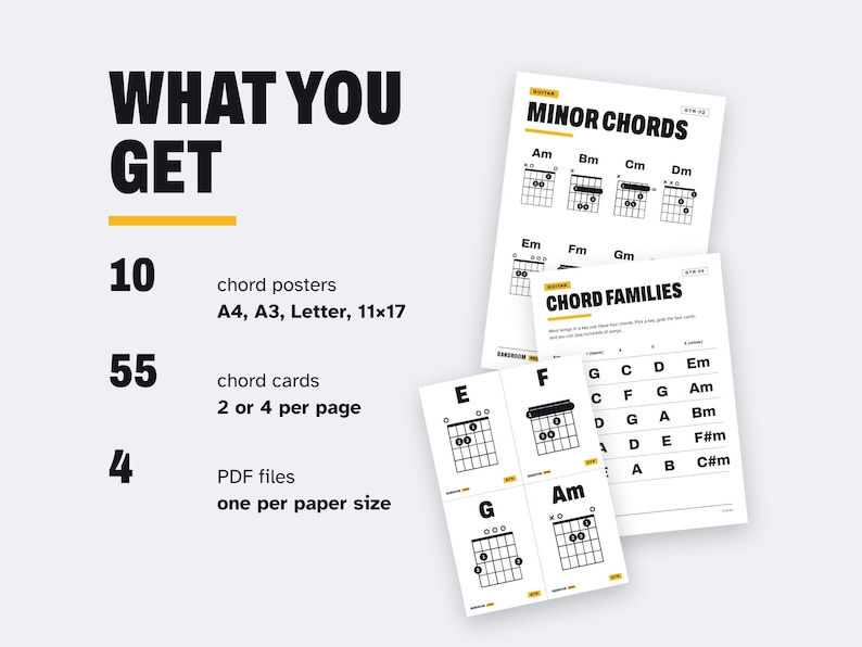 Puede incluir: Un conjunto de descarga digital con p&oacute;steres y tarjetas de acordes de guitarra. El texto dice WHAT YOU GET, 10 chord posters, 55 chord cards, 4 PDF files. Los documentos muestran MINOR CHORDS, CHORD FAMILIES y diagramas de acordes.