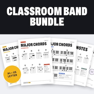 Puede incluir: Un Classroom Band Bundle que incluye varias hojas instructivas blancas con texto y diagramas en negro. Las p&aacute;ginas muestran acordes mayores para guitarra, ukelele y piano, junto con notas musicales. Un c&iacute;rculo amarillo indica tama&ntilde;os A4.
