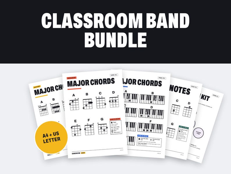 Puede incluir: Un Classroom Band Bundle que incluye varias hojas instructivas blancas con texto y diagramas en negro. Las p&aacute;ginas muestran acordes mayores para guitarra, ukelele y piano, junto con notas musicales. Un c&iacute;rculo amarillo indica tama&ntilde;os A4.