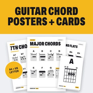 Puede incluir: Una colecci&oacute;n de p&oacute;steres y tarjetas de acordes de guitarra con texto y diagramas negros sobre papel blanco. El texto incluye GUITAR CHORD POSTERS + CARDS, 7TH CHORDS, MAJOR CHORDS y A4 + US LETTER. Los diagramas muestran la posici&oacute;n de dedos.