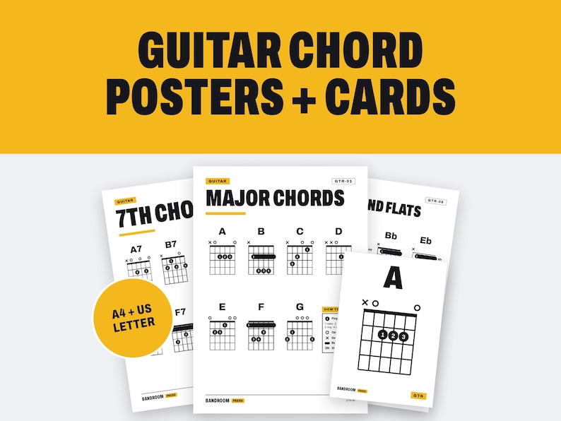 Puede incluir: Una colecci&oacute;n de p&oacute;steres y tarjetas de acordes de guitarra con texto y diagramas negros sobre papel blanco. El texto incluye GUITAR CHORD POSTERS + CARDS, 7TH CHORDS, MAJOR CHORDS y A4 + US LETTER. Los diagramas muestran la posici&oacute;n de dedos.