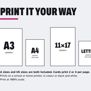 Puede incluir: Un gr&aacute;fico titulado PRINT IT YOUR WAY que muestra cuatro recuadros rectangulares etiquetados A3, A4, 11x17 y LETTER. El texto inferior indica que se incluyen tama&ntilde;os A y US, las tarjetas se imprimen 2 o 4 por p&aacute;gina y a escala del 100%.