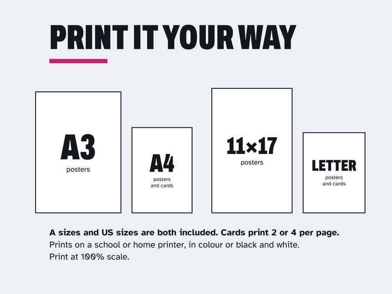 Puede incluir: Un gr&aacute;fico titulado PRINT IT YOUR WAY que muestra cuatro recuadros rectangulares etiquetados A3, A4, 11x17 y LETTER. El texto inferior indica que se incluyen tama&ntilde;os A y US, las tarjetas se imprimen 2 o 4 por p&aacute;gina y a escala del 100%.