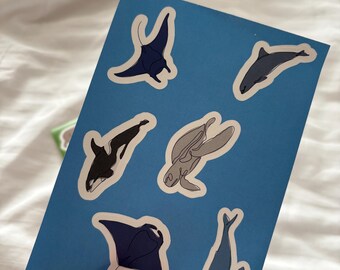 Tiny sticker sheets with animals- endangered species; Continuous line art; Pangolin, Hippo, Sea turtle, Manta ray, Whale, Elephant, Rhino