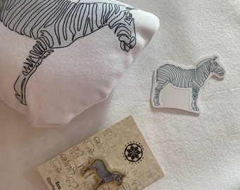 Zebra gift set- pin, stuffy and a sticker |Stuffed African animal toys |Grevy’s zebra | Continuous line pillow for decor | Zoologist present