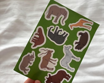 Tiny sticker sheets with animals- endangered species; Continuous line art; Pangolin, Hippo, Sea turtle, Manta ray, Whale, Elephant, Rhino