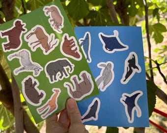 Tiny sticker sheets with animals- endangered species; Continuous line art; Pangolin, Hippo, Sea turtle, Manta ray, Whale, Elephant, Rhino