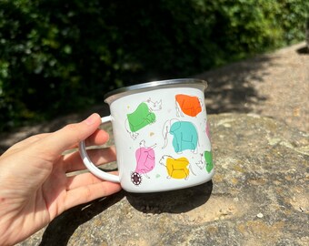 Enamel cup| Camp mug| camper coffee mug with animals / fruits print/ pumpkin | line drawing
