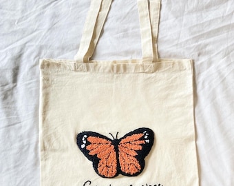 Butterfly Tote Bags With Punch Needle Embroidery Customisable Tote Bag Punch Needle Drawing Bag Monarch Butterfly Bag Needle Punch Bag