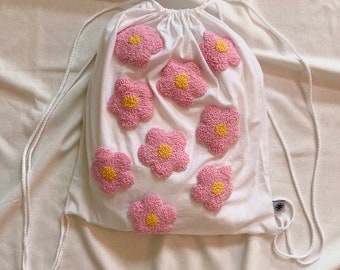 Daisy Floral bag with punch needle embroidery personalised tote bag punch needle drawstring bag flowers bag