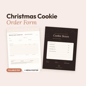 Pode incluir: Um formulário de pedido de biscoitos de Natal e um cartaz de menu Cookie Boxes. O formulário é branco com um cabeçalho xadrez rosa, enquanto o cartaz é castanho escuro com um padrão de estrelas. Ambos incluem texto como Maple Street Home Bakery.