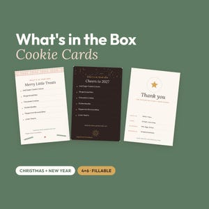 Pode incluir: Três cartões retangulares preenchíveis para biscoitos de 10x15 cm com fundos brancos e castanho-escuros. Os cartões apresentam texto incluindo What's in the Box, Merry Little Treats, Cheers to 2027 e Thank you, além de listas de tipos de biscoitos.
