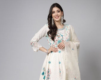 A-line kurta with embroidery and lace detail, lace border pants, organza small embroided dupatta, 3-piece set