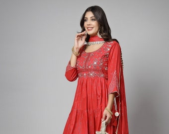 Elegant red gown kurta with handwork yoke and tassel detail, slim dupatta with designer border, work on sleeves