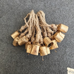 Mini Cow Bells, Rustic Gold Metal with Jute Loops, 15-Piece Set