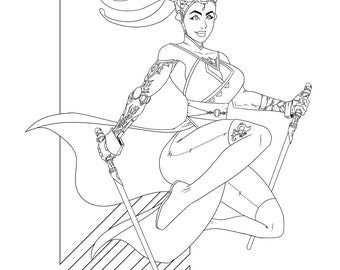 May include: A black and white line drawing of a woman wearing goggles and a cape, holding two swords. She is in a fighting pose, with one leg bent and the other extended.