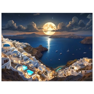 Santorini at Night Poster, Greek Islands Decor Art