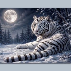 Könnte beinhalten: Ein weißer Tiger mit schwarzen Streifen ruht auf einem schneebedeckten Boden in einem Winterwald bei Nacht. Ein heller Vollmond leuchtet am dunklen Himmel über den schneebedeckten Tannen und beleuchtet die blauen Augen und das Fell des Tigers.