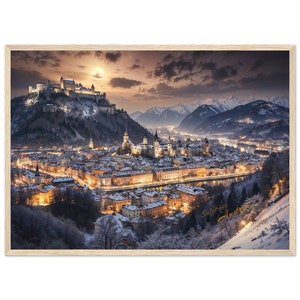 Salzburg Austria Poster: Winter Cityscape Art Print, Wooden Frame