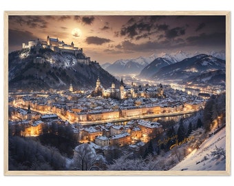 Salzburg Austria Poster: Winter Cityscape Art Print, Wooden Frame