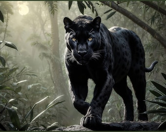 満月のジャングルのブラックパンサー野生猫 - 大型猫プリント